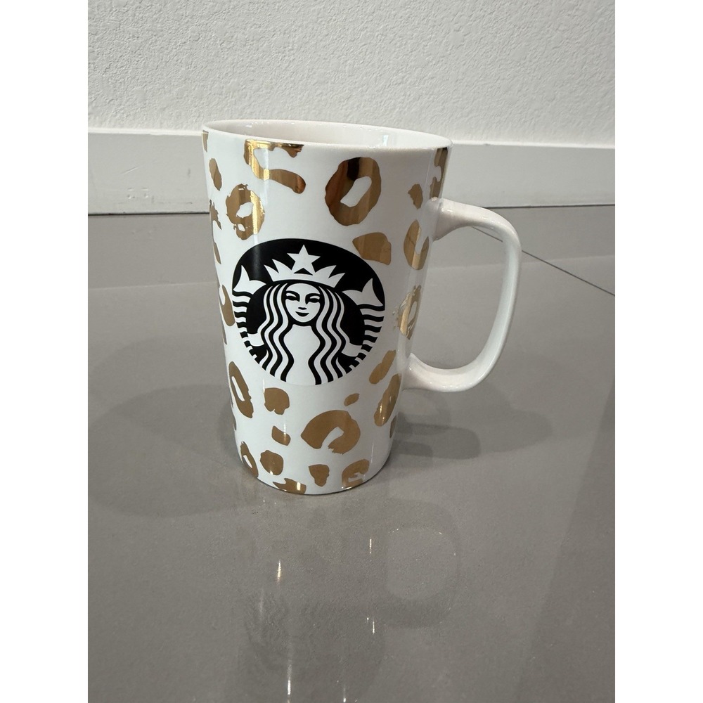STARBUCKS 2015 Mug 16 Oz Gold Leopard Animal Print Black Siren Logo Coffee Cup